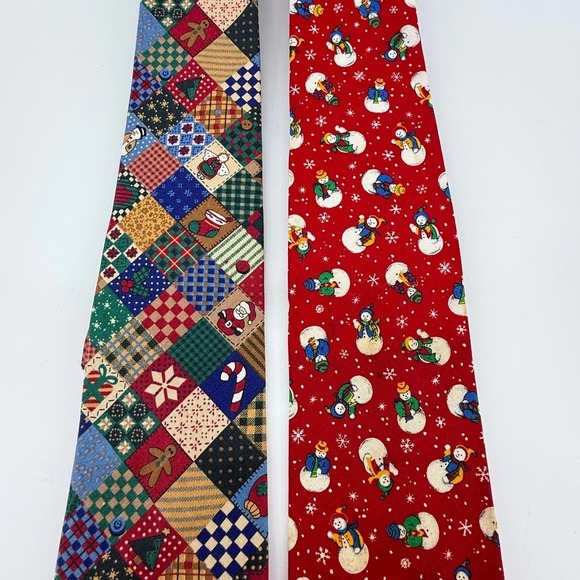 Vintage 90s Christmas Ties Lot of 2 Snowman Patchwork Season's Greetings Mens - Picture 3 of 6